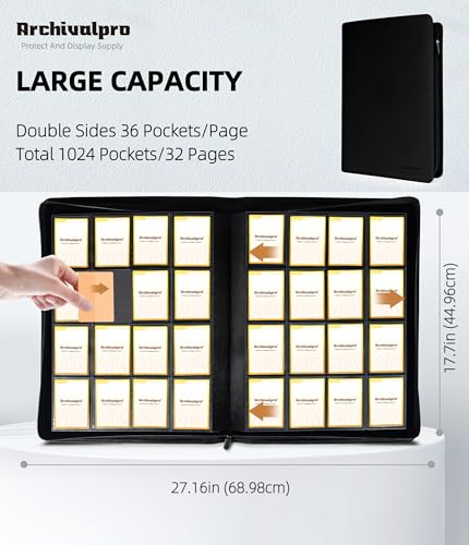 Image of Premium 16 Pocket Card Binder, Holds 1024 Cards for MTG TCG Sports Game Cards(Black,16 Pocket) | Large-capacity side-loading binder with zipper. No-ring design holds 1024 cards in clear pockets.