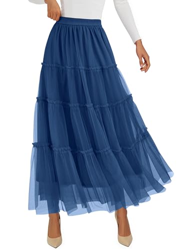 PRETTYGARDEN Tulle Skirts for Women 2025 Fall Fashion Elastic High Waisted Fairy Tiered Flowy A-Line Casual Maxi Long Skirt