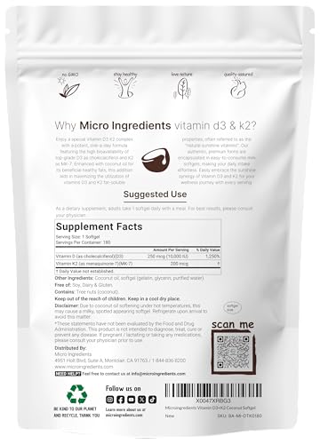 Image of Micro Ingredients Vitamin D3 10,000 IU + K2 MK-7 200 mcg, 180 Softgels with Virgin Coconut Oil | 2-in-1 Vitamins D & K Complex | Extra Strength, Easy to Swallow, Non-GMO, Gluten Free