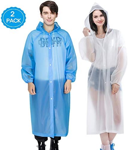 Reusable Rain Poncho, 2 Pack Waterproof & Windproof Raincoat Rain Resistant Poncho with Elastic Drawstring Hood and Sleeves, Perfect for Travel, Festivals, Theme Parks and Outdoors