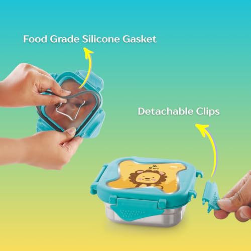 Image of STEELLOCK Smart Kids Stainless Steel Lunch Box, Leakproof & Airtight Tiffin Box for School Boys & Girls, BPA Free Food Grade with 4-Side Clip Lock | 360 ML | Turquoise, 3D /UV Print Lion