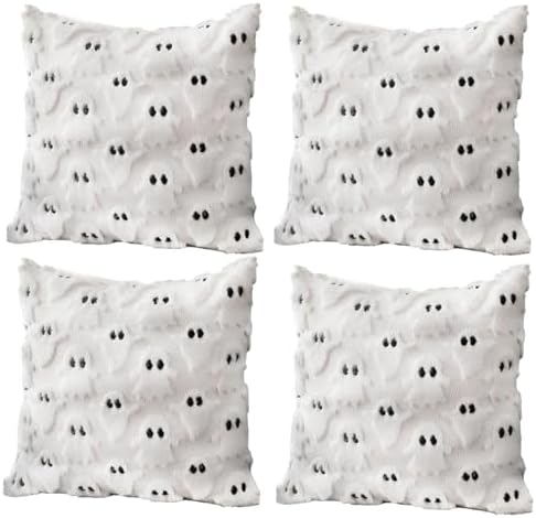 4 Pcs Halloween Throw Pillow Covers 18x18, Soft Faux Fur Pillow Cases Decorations, Fluffy Plush Accent Couch Cushion Case for Halloween Chair Sofa Bedroom Living Room Home Decor(Ghost A)