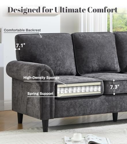 Image of Kingfun 3 Seater Couch, Mid Century Modern Sofa with Rolled Arms and Deep Seats, Fluffy Comfort for Living Room, Apartment, Easy Assembly, Gray