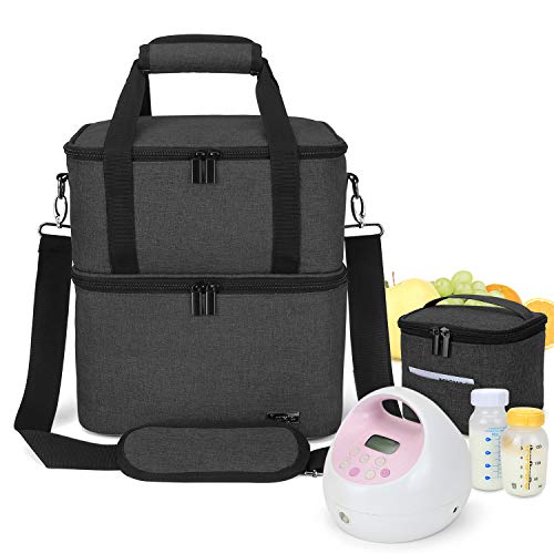 LUXJA Breast Pump Bag with 2 Insulated Compartments for Breast Pump and Cooler Bag, Pumping Bag for Working Mothers (Fits Most Major Breast Pump), Black