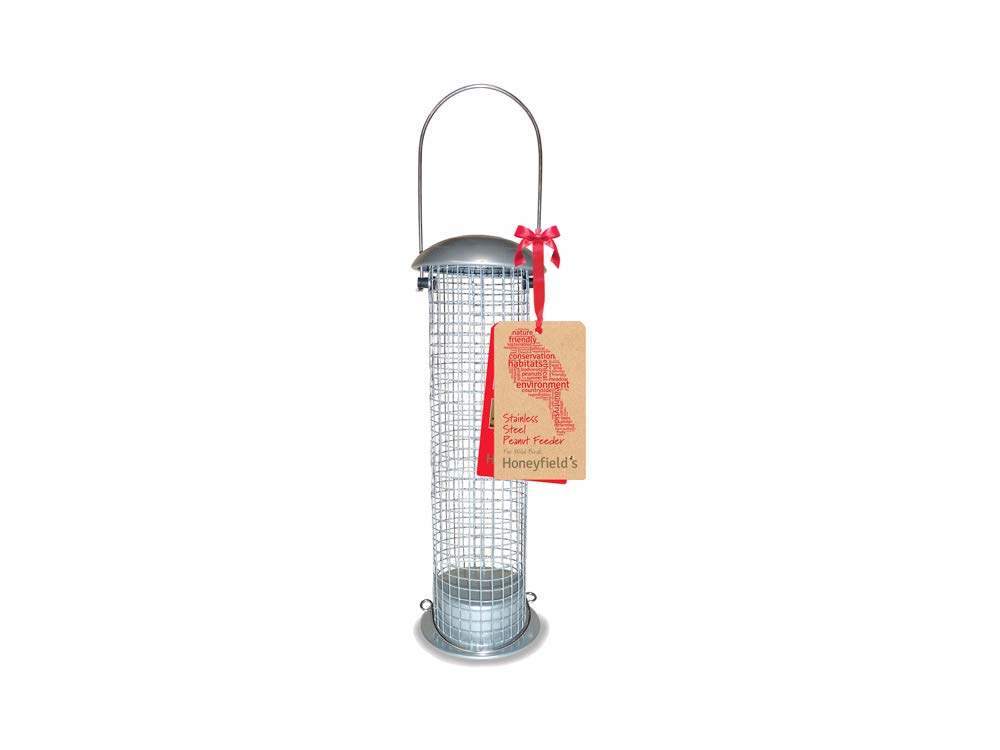 Honeyfield's Hanging Wild Bird Nyjer Seed Feeder made of Brushed Stainless Steel & Heavy Duty for use in Garden & Outdoors