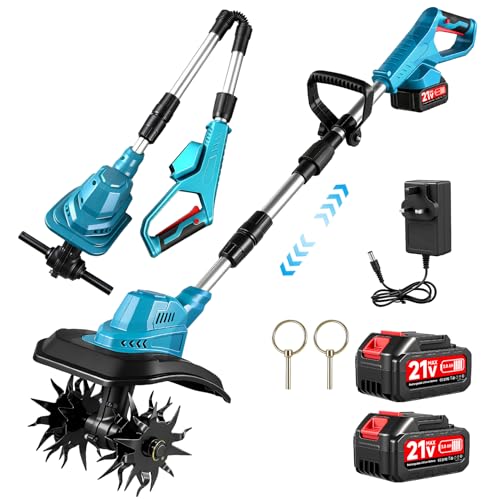Ankishi Cultivador eléctrico de suelo de jardín sin cable, 21 V, rotavator de jardín de 360 RPM con 4 cuchillas de acero, 2 baterías de 3.0 AH, mango ajustable, 7.9 pulgadas de ancho y 6.3 pulgadas de