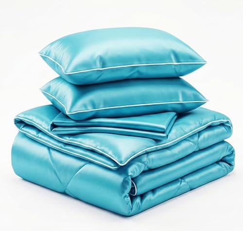 Image of SANMARINO 300 TC Satin Silk AC Comforter Set King Size Double Bed with 1 Fltted bedsheet & Two King Pillow Covers, 4 Pieces Bedding Set (90x100 inch & 72x78 inch, Light Blue)