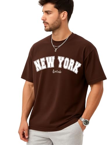 Image of LEOTUDE Casual Half Sleeve Cottonblend Printed Round Neck Drop Shoulder Oversized Tshirt for Man (Color Brown)