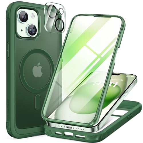 Image of Miracase Glass Series for iPhone 15 Case [Compatible with MagSafe] Full-Body Magnetic Case with Built-in 9H Tempered Glass Anti-Fingerprint Screen Protector + Camera Lens Protector, Matte Green