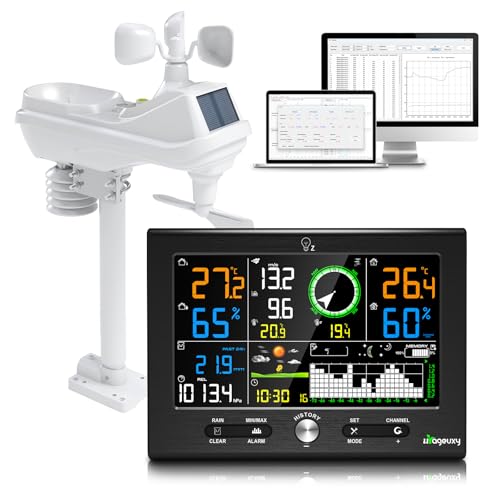 Urageuxy 7-en-1 Station Meteo Intérieur Extérieur San Fil 7,6 Avec DCF, Station Météo Avec Pluie, Vent, Température, Humidité, Prévisions, Pression pour Jardin et Balcon, Logiciel Windows
