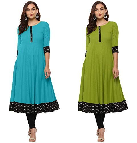 Image of NATEK Plain Cotton with Lace Anarkali Tops Kurtis for Ladies Girls - Combo Pack of 2 SkyBlue, Mehandi Color X-Large Size