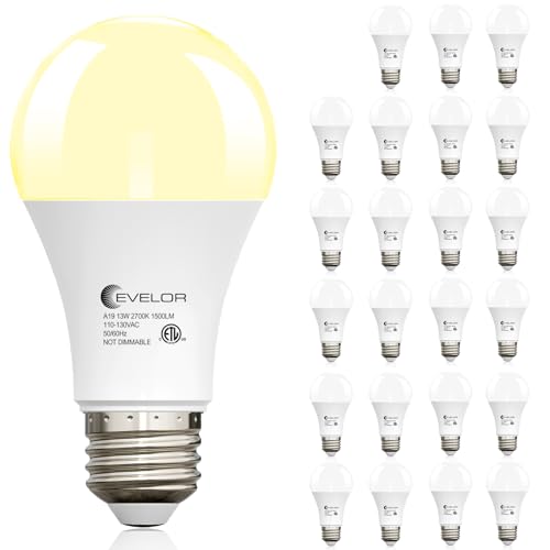 evelor A19 LED Light Bulbs,100 Watt Equivalent 2700K Soft White Efficient 13W,1500 Lumens Bright Lightbulbs,E26 Base, Non-Dimmable, 15000-Hour Lifespan for Bedroom, Living Room, Office, 24-P