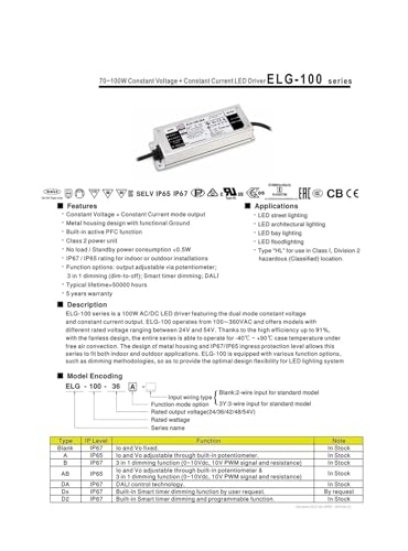 Bloc d'alimentation étanche ELG-100-48A-3Y transformateur LED 48V 100W