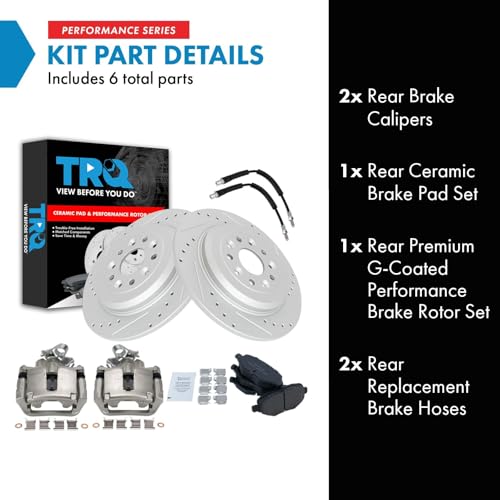 Image of TRQ Performance Rear Brake Pad and Rotor Set Ceramic Slotted Drilled G Coated 330mm Rotors Calipers Compatible with 2015-2018 Ford Flex 2015-2018 Lincoln MKT