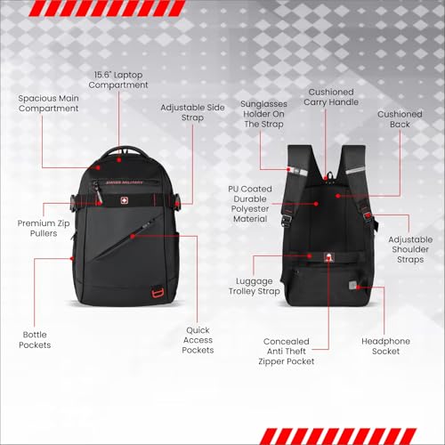 Image of SWISS MILITARY 30L Unisex Laptop Travel Backpack for 15.6-Inch Laptops - with Luggage Strap, Detachable Key Ring, Anti-Theft Pocket, Expandable Bottle Pocket for Office and College Use