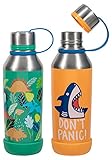 COOL GEAR 2-Pack 14 oz Kids Stainless Steel Double Walled Vacuum Insulated Tyler Bottle, Bumper Included with Threaded Lid Loop,