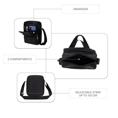 Image of F Gear Hamburg Black 5L Crossbody Sling Bag | Soft-Touch Premium Fabric, 2 Compartment Design, 3 Pockets, Lightweight, Ideal for Work, College, Daily Commute & Travel