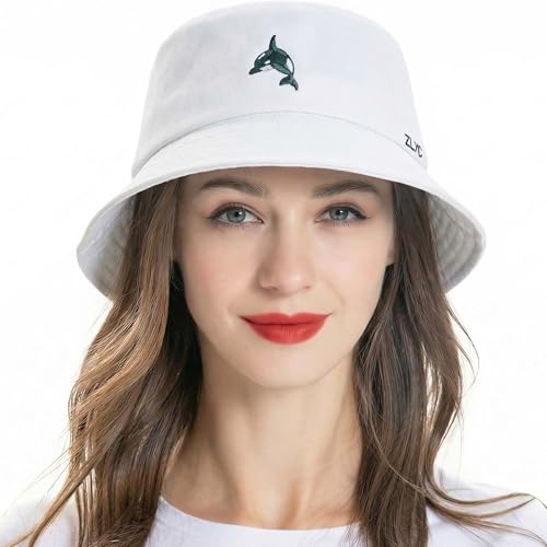 ZLYC Cotton Bucket Hats for Women Men Embroidered Packable Beach Hat Summer Travel Sun Cap for Daily Commute (Whale White)