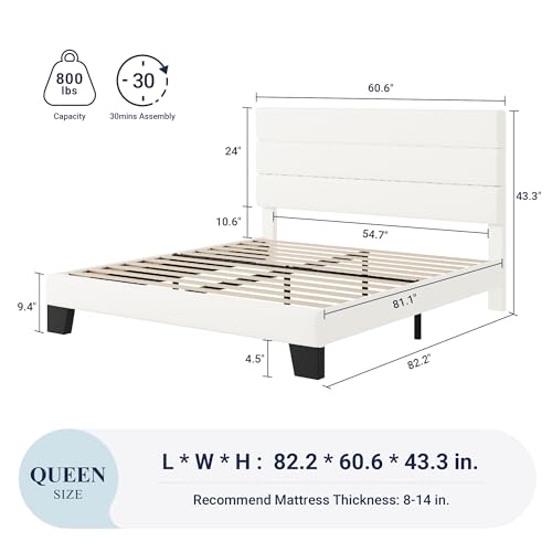 Allewie Queen Size Platform Bed Frame with Velvet Upholstered Headboard and Wooden Slats Support, Fully Mattress Foundation/No Box Spring Needed/Easy Assembly, White