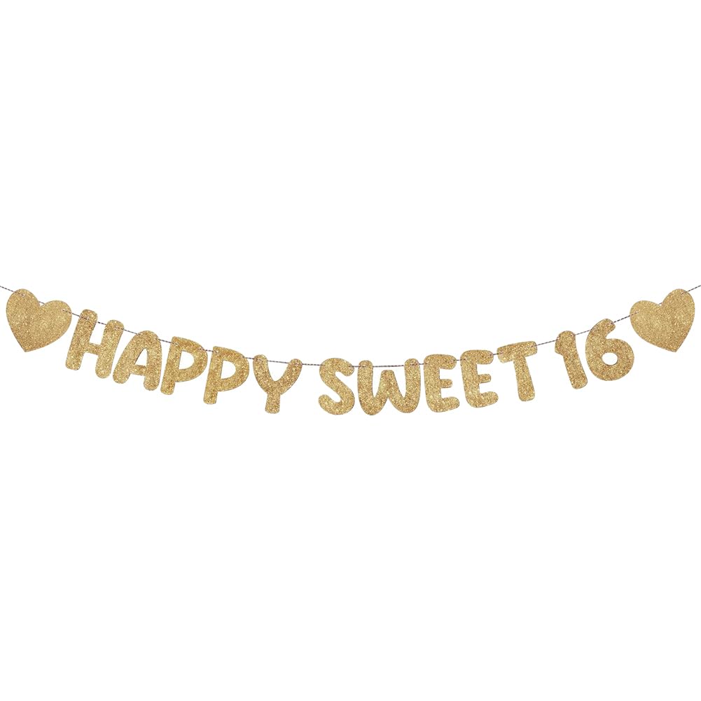 FSSTUD Happy Sweet 16 Banner Glitter 16th Birthday Banner Sixteenth Birthday Party Sign Sweet 16 Party Garland Sweet Sixteen Party Supplies 16th Birthday Hanging Decorations Champagne Golden