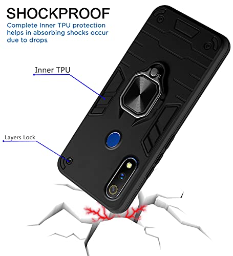 Image of Pikkme D5 Tough Armor Bumper Back Cover Case for Realme 3 Pro |Ring Holder & Kickstand in-Built (Black)