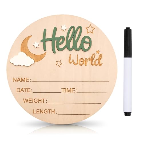 Baby Announcement Sign, 5.9 Inch Wooden Hello World Newborn Signs,