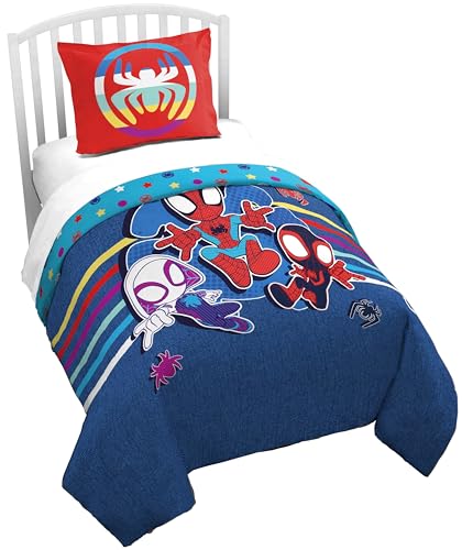 Jay Franco Duvet Cover Set – 3 Piece Comforter Cover and Sham Set, Super Soft Cozy Kids Bedding (Insert Not Included) Blue - Spidey & Friends, Twin