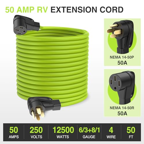 Image of Nilight 50FT 50 Amp RV Extension Cord 250V Heavy Duty 6 /3+8 /1 Gauge Pure Copper STW Wire UL ETL Listed 4 Prong 14-50P 14-50R Weatherproof Suit for EV Trailer Campers Bright Green