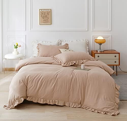 JANZAA Queen Comforter Set Ruffled Comforter Set 3PCS（1 Taupe Comforter Set and 2 Pillowcases） Vintage Farmhouse Shabby Chic Bedding Soft Fluffy Comforter Set All Season