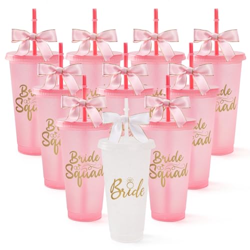 Ghekcn 10 Set Bride Squad Cups with Lid Straw and Twist Bow Bachelorette Party Plastic Tumblers Reusable Cups for Bridal Shower Wedding Party Supplies