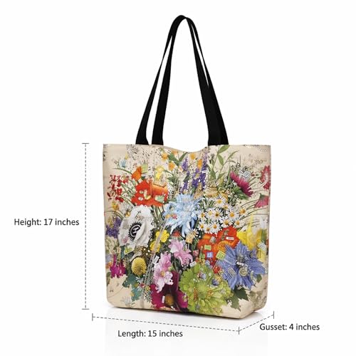 Image of Multiflower Cotton Canvas Tote Bag with Zipper and Inner Pocket | Eco-Friendly Reusable Bag for Shopping, Travel, Work & Everyday Use