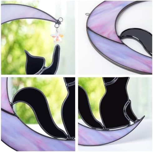 Black Cat Decor on Purple Moon - Handmade 7'' Stained Glass Suncatcher Window Hanging, Halloween Ornament Decoration Memorial Gift for Lover Cat Loss - 2