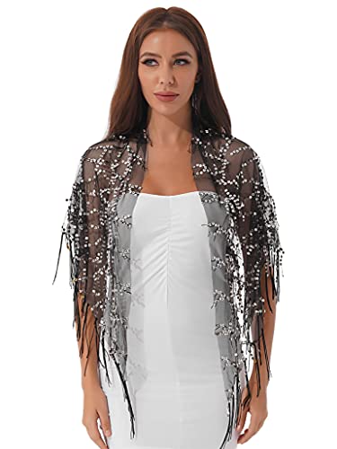 Women's Glittering 1920s Scarf Mesh Sequin Evening Wedding Wrap Cape Fringed Evening Shawl