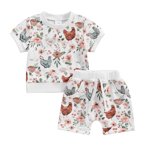 SHUING Toddler Infant Girl Boy Farm Outfit Chick& Flower Print Long Sleeve Sweatshirt Jogger Pants 2pcs Fall Winter Clothes (White Shorts, 6-12 Months)