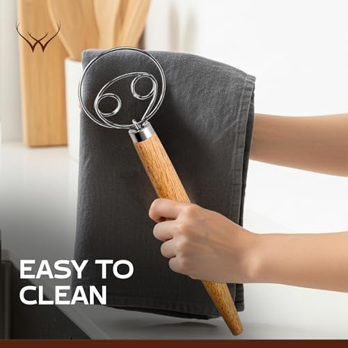 Image of 13 Inch Danish Dough Whisk Stainless Steel Hook with Long Wooden Handle - Essential Dough Whisk & Sourdough Bread Baking Supplies for Mixing, Whisking & Baking Pizza Dough
