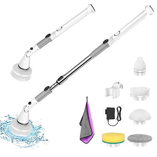 Electric Spin Scrubber, Cordless Electric Cleaning Brush with 5 Replaceable Brush Heads Adjustable Extension Handle, Power Shower Scrubber for Tub, Tile, Floor, Sink and Glass (White) Electric Spin Scrubber, Cordless Electric Cleaning Brush with 5 Replaceable Brush Heads Adjustable Extension Handle, Power Shower Scrubber for Tub, Tile, Floor, Sink and Glass (White)