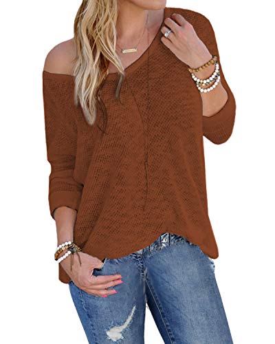 YOINS Pull Femme Sweatshirt Lâche Tricoté Chemise Manches Longues Tops Pullover Col Rond Blouses Sexy Mode T-Shirts Café M