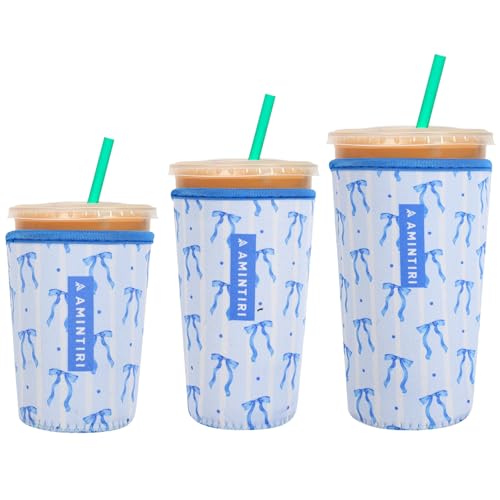 Image of 3 Pack Reusable Sleeve for Iced Coffee Cup, Coffee Neoprene Sleeve for Iced&Hot Drinks, Coffee Sleeve Compatible with Starbucks, Dunkin Coffee Cup. (Blue Bow Charm)