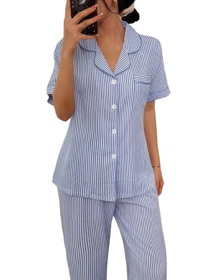 Women's Striped Night Suit, Short Sleeve Button-Down Shirt with Long Pants, Blue and White Sleepwear Set-picture-55