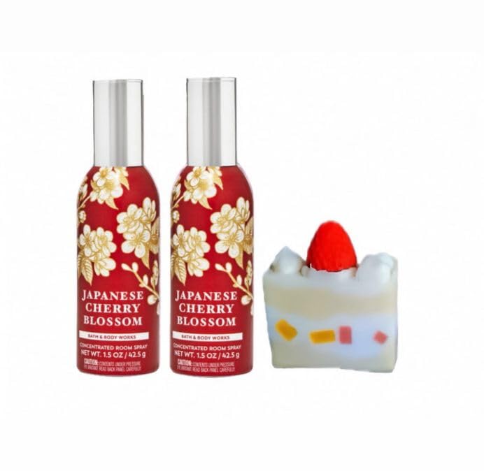 Japanese Cherry Blossom - White Barn - Bath/Body Works - 2 Concentrated Room Spray 1.5 oz / 42.5 g and Strawberry Soap Cake