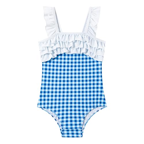 Image of LIZENS Girls One Piece Swimwear Checker Print Ruffles Bathing Suit for Kids Size 2-12