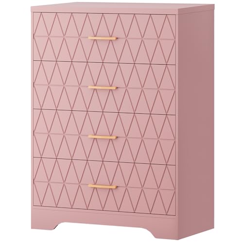 GarveeHome Tall Dressers for Bedroom with 4 Drawers, Pink Wood Chest of Drawers with Gold Handles for Closet, Modern Nightstand for Bedside, Wooden St