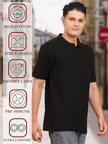 Image of Men's 100% Cotton Polo T-Shirt - Solid Plain Short Sleeve Tee with Classic Collar for Everyday Casual & Smart Wear