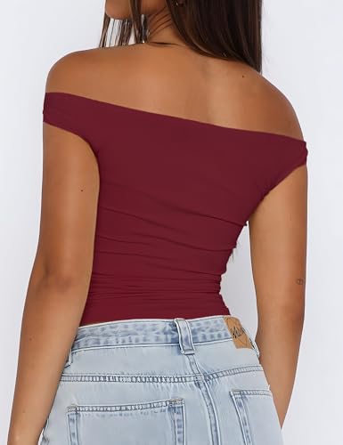 ForeFair Womens Off The Shoulder Tops Going Out Crop Top Slim Fitted Shirts Double Lined Summer Outfits Y2K Cute Tops2