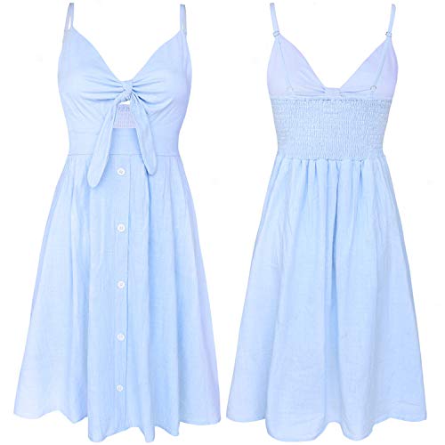 Image of ECOWISH Women 2026 Summer Dresses Tie Front V-Neck Spaghetti Strap Button Down A-Line Backless Swing Midi Dress