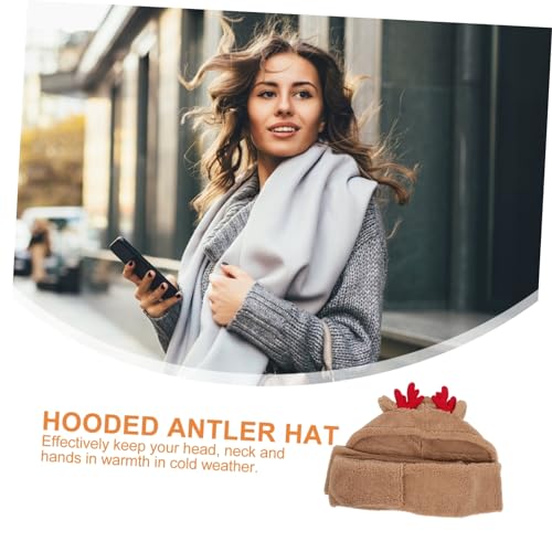 Female Antler Hat Scarf Warm Woolen Cap for Winter Fashionable Deer Ear Design Coffee3