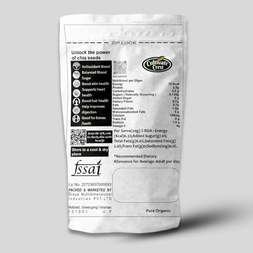 Image of Cultivate Crest Organic Chia Seeds 200g | 100% Natural & Raw, High Protein Seeds | Rich in Omega 3 & High Fibre, Vegan Superfood, Gluten Free, For Smoothies, & Daily Nutrition for Weight Management