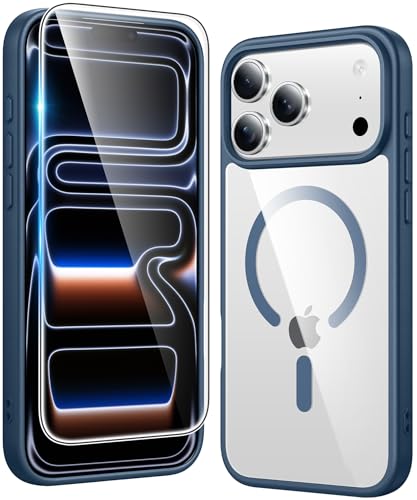 Image of FNTCASE for iPhone 17 Pro Case: Clear Magnetic Phone Cases with Screen Protector Compatible with Magsafe Slim Anti Yellowing Rugged Shockproof Protective Transparent Cell Phone Cover (B-Blue)