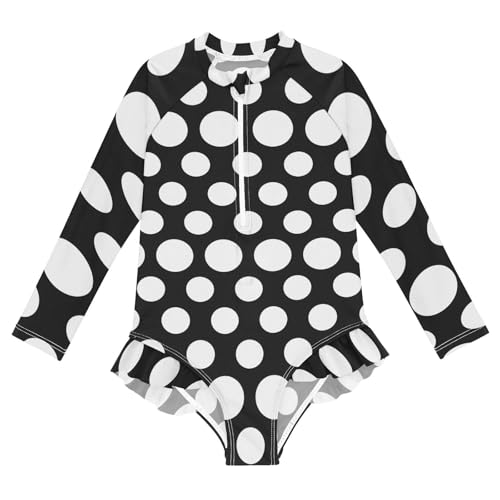 Girls One Piece Swimsuits Long Sleeve Swimsuit Zipper Bathing Suits Black White Polka Dots
