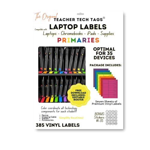 Classroom Color Coded Chromebook Laptop Labels for Student Classroom Devices in Primary Colors (Primaries, Qty for 35 Devices)